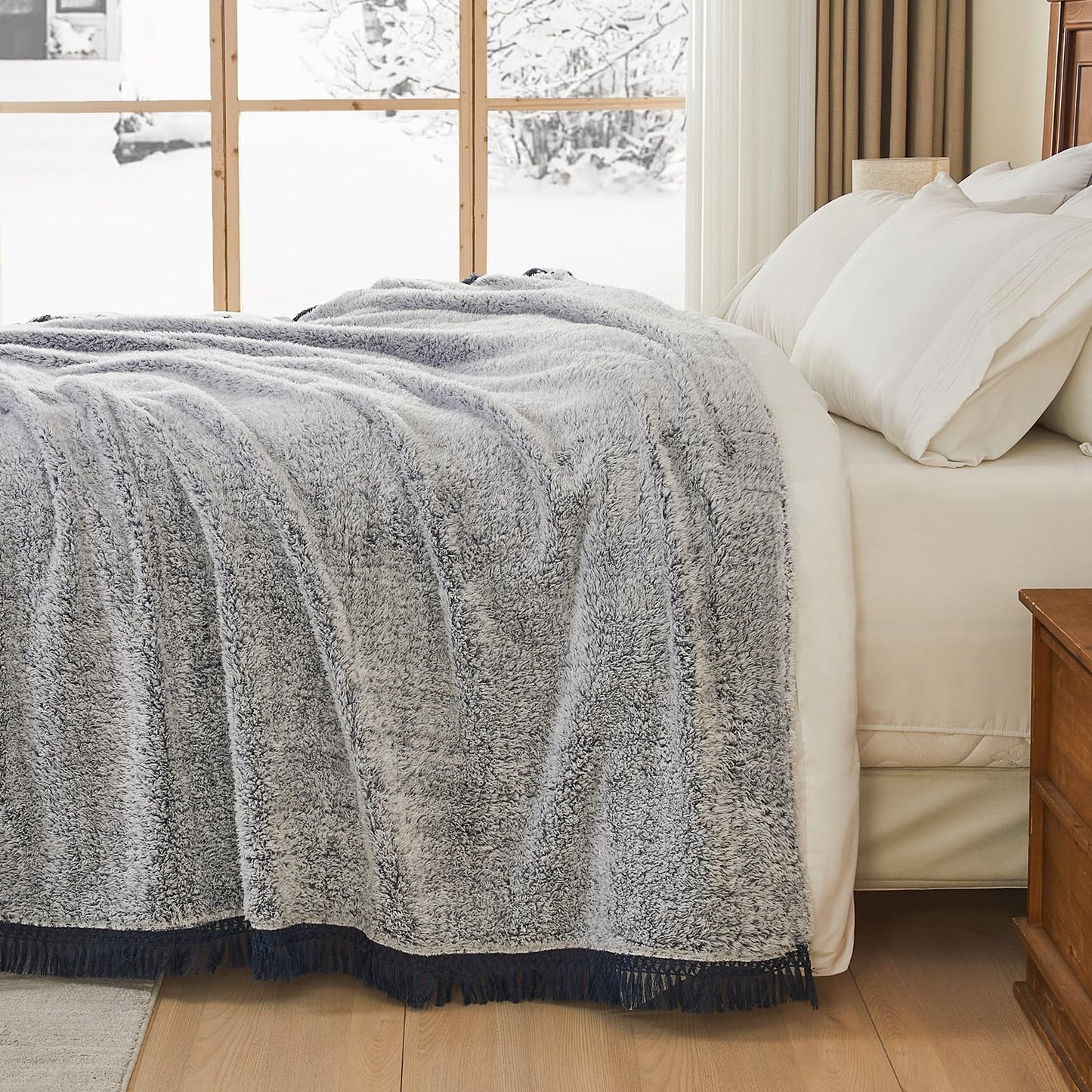 EMME Soft Sherpa Fleece Blanket with Tassel, Reversible Plush Fluffy Large Blanket, Light Weight Warm Decorative Boho Blanket Cover for Sofa, Couch, Bedroom,Travel(Tassel Navy,50"x60")