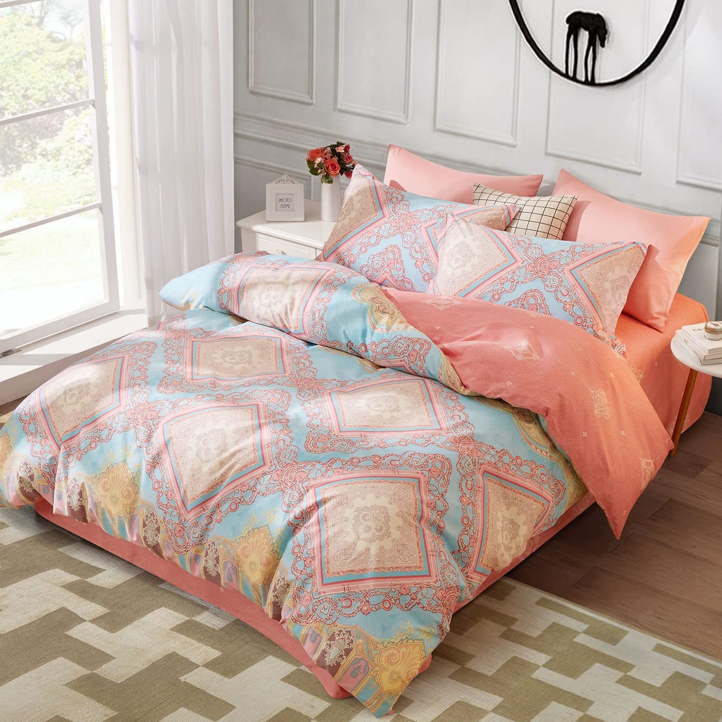 SAPHREAS Bohemian Duvet Cover Set Full Size 3pcs Pink Boho Cotton Bedding Comforter Cover Set Blue 1 Duvet Cover 2 Pillow Shams