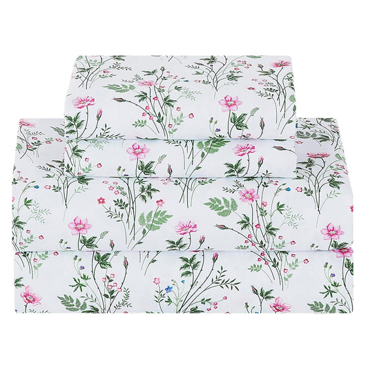 Softan Vintage Floral Full Bed Sheets, Cozy Microfiber Flower Printed Sheets with 15" Deep Pocket Fitted Sheet & Non-Slip Straps, Patterned Botanical Wildflower Sheets & Pillowcase Set