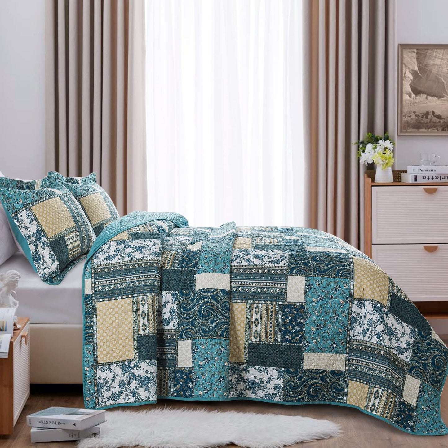 BEDIFANY Cotton Queen Size Quilt Sets, Lightweight Bedspread Queen Size Coverlet Boho Queen Quilt, Soft Farmhouse Queen Quilt Bedding Sets for Bed Decorations for All Seasons (3 Pieces, Blue)