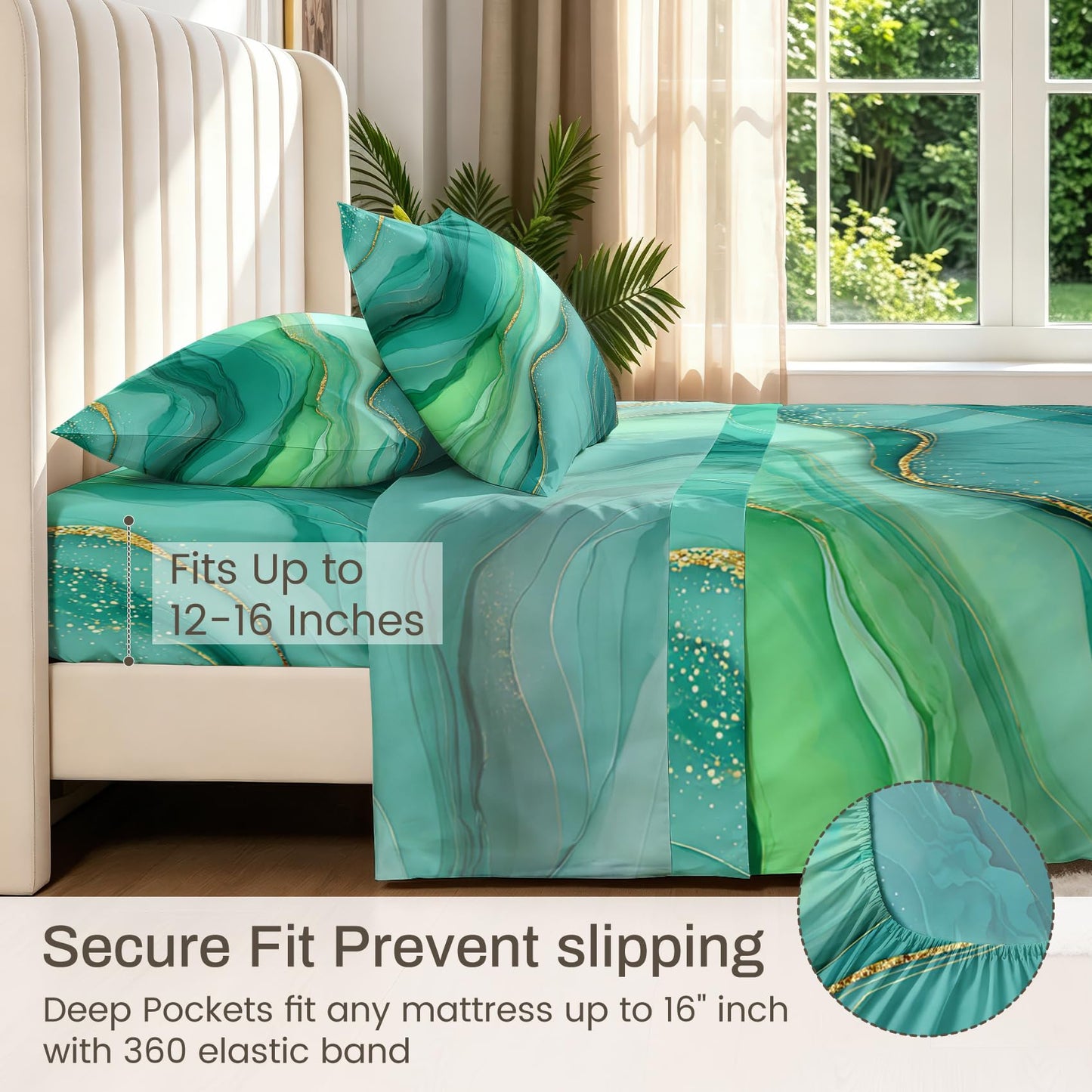 Green Full Sheet Set Marble Fluid Art Flat Fitted Sheet Sets, Green