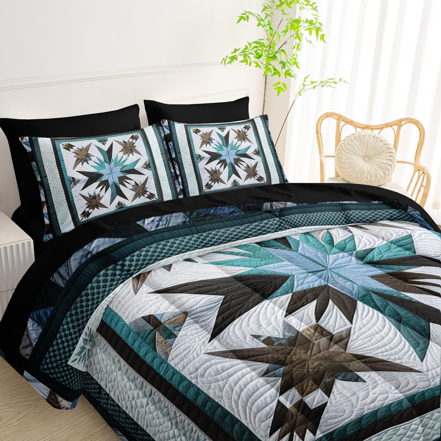 QOOMO Boho 7 Pieces Comforter Set Twin Size,Bohemia Bedding Set for Kids Teens Girls-Include 1 Comforter,1 Fitted Sheet,1 Flat Sheet,2 Printing Pillowcases and 2 Black Pillowcases