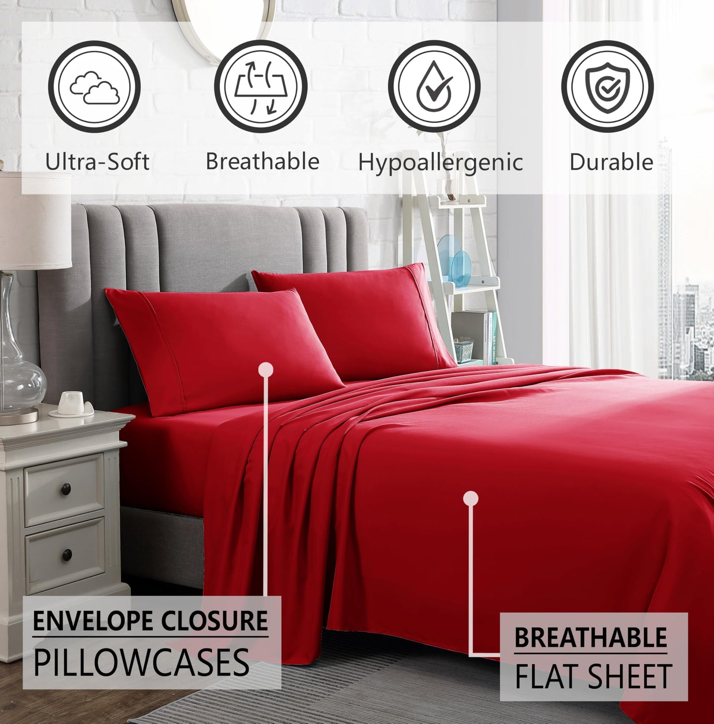 American Home Collection Full Size Sheet Set - Ultra-Soft Microfiber 15-Inch Deep Pocket - Wrinkle Free and Fade Resistant (Red)