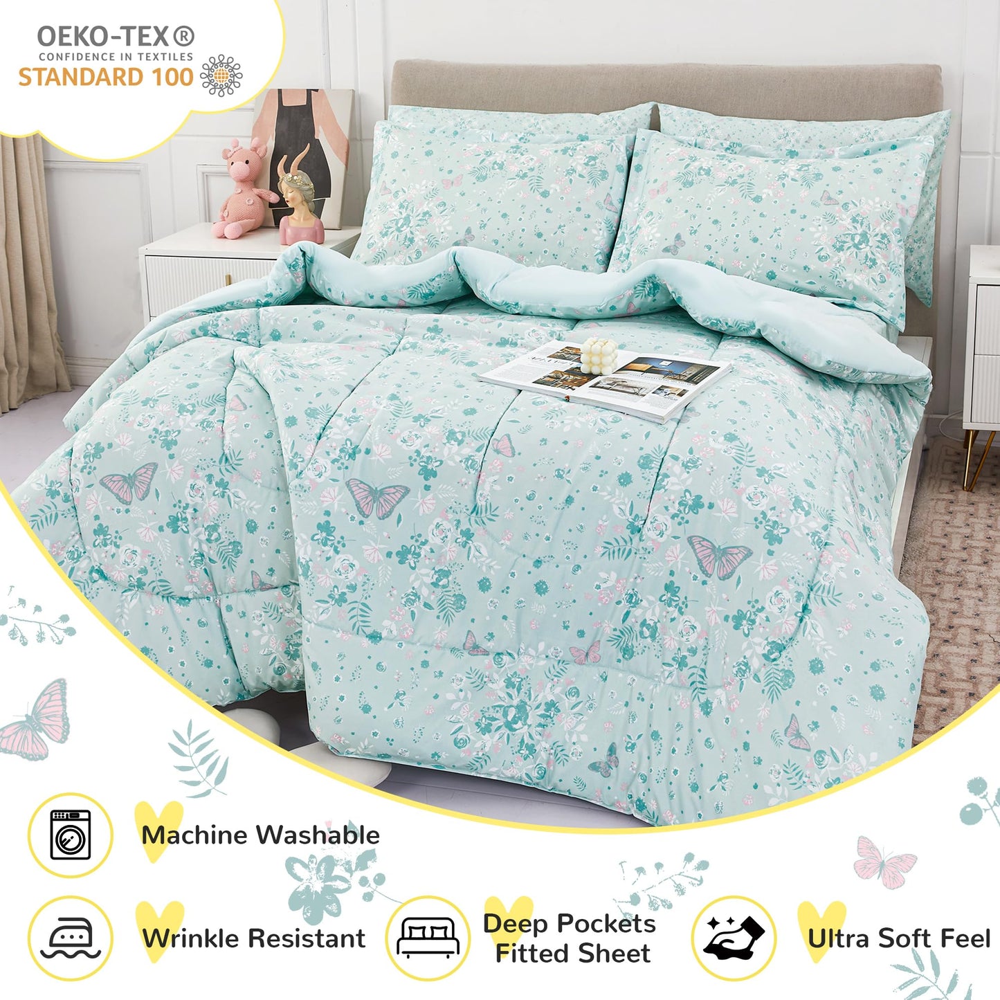 Viviland Kids Twin Bedding Sets for Girls, Soft Twin Comforter Set with Sheets, 5 Pieces Microfiber Bed in a Bag, Green Butterfly