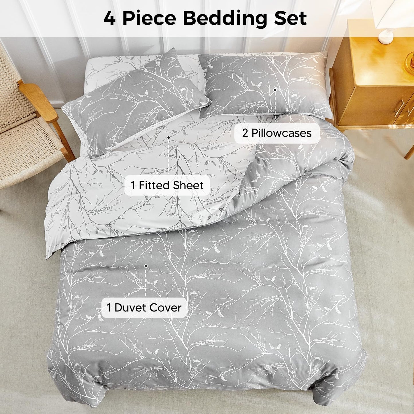 Lekesky Duvet Cover Queen Size with Fitted Sheet - 4 Pieces Printed Soft Bedding Set, Includes 1 Duvet Cover 90x90 Inches with Zipper Closure & 8 Ties, 2 Pillow Cases, 1 Fitted Sheet, Grey Leaves