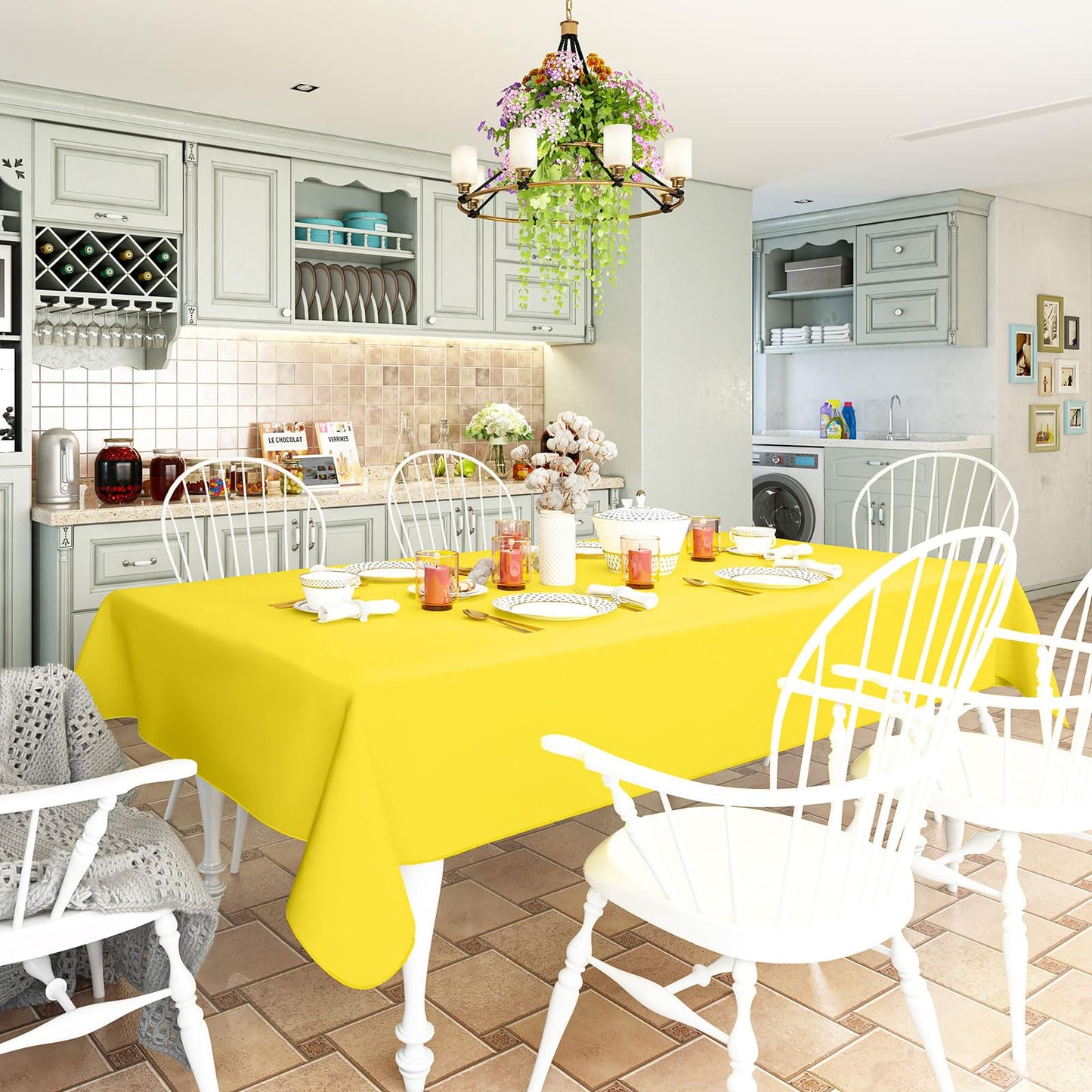 homing Rectangle Vinyl Tablecloth, Waterproof Spillproof Plastic Flannel Backed Table Cloth, Wipe Clean Table Cover for Dining, Buffet Parties and Camping (Yellow, 60" x 102")