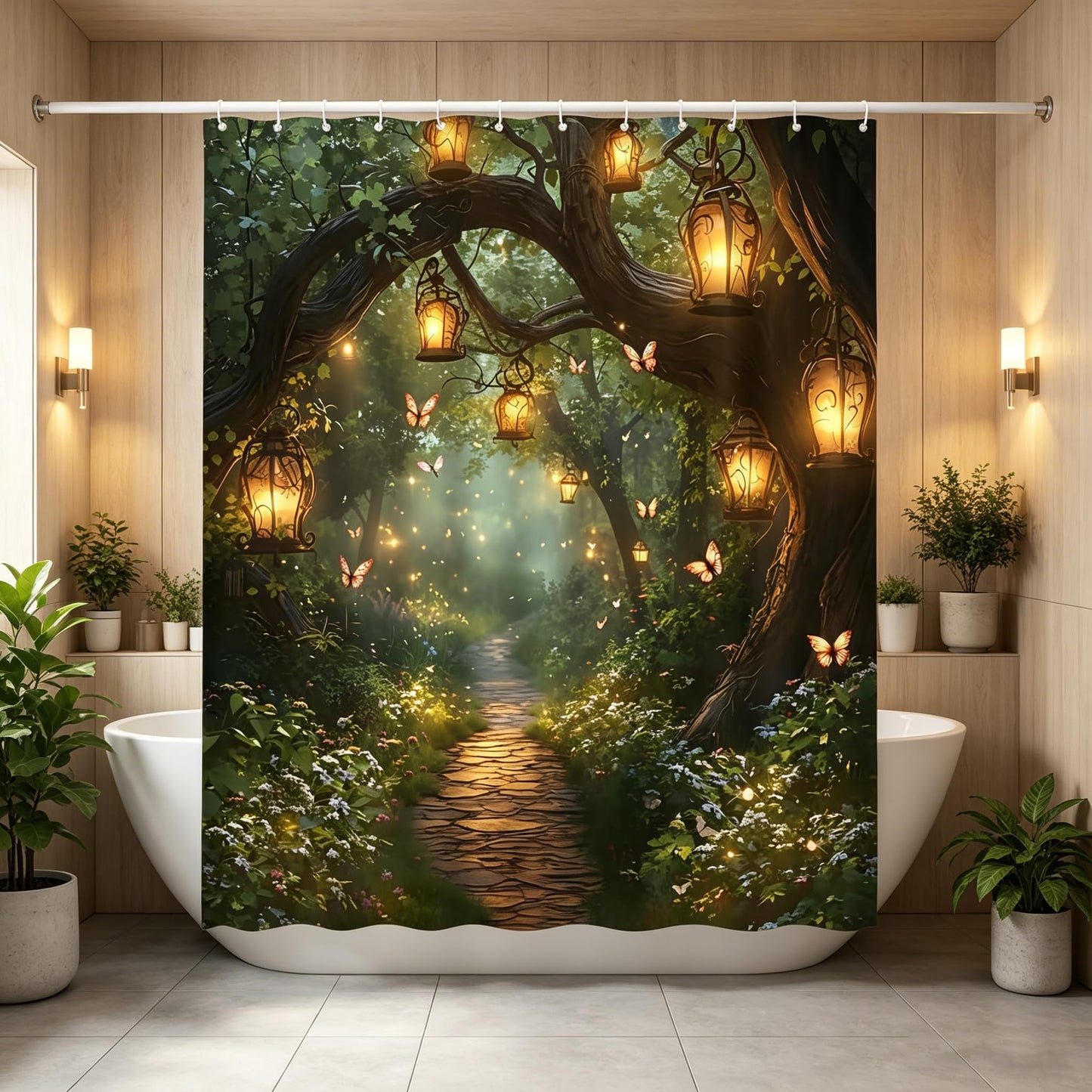 Fantasy Forest Shower Curtain Fairytale Jungle Magical Enchanted Misty Wonderland Floral Tree Butterfly Lantern Nature Landscape Bath Curtain Fabric Bathroom Accessories Decor with Hooks 70"X70"