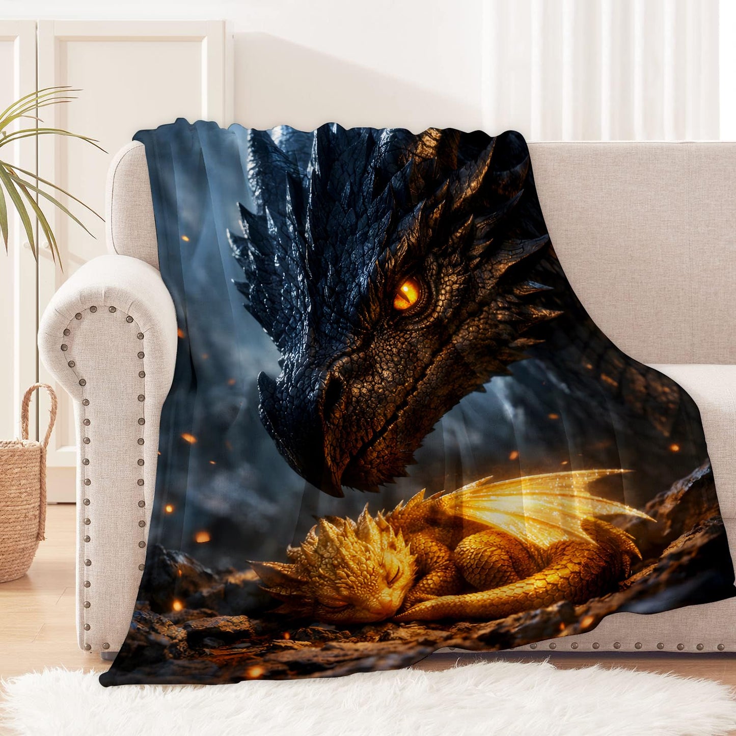 cromcu Majestic Dragon Flannel Blanket, 60" x 50", Soft Warm Cozy Decorative Throw with Black Creature and Dark Cave, Fantasy Gifts for Boys Teens Dragon Lovers, Sofa Couch Bed Living Room Bedroom