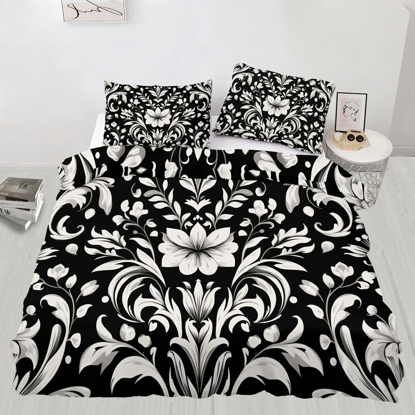 ZAMODE Vintage Floral Duvet Cover 104" x 98", Black White Baroque Style Bedding Set, White Flower Comforter Cover with Zipper Ties