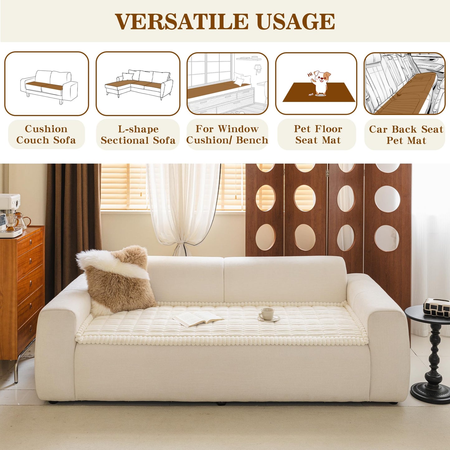 MYSKY HOME Couch Covers for Sofa, L Shaped Couch Cover, Couch Cover for Dogs, Sofa Covers for Pets Washable, Non Slip Sofa Slipcovers, Leather Sofa Cover Sectional Couch Covers, Cream, 27.6" x 70.9"