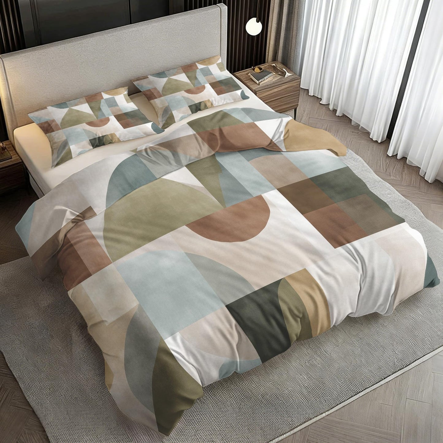 Abstract Geometric Duvet Cover Twin Size, Mid Century Modern Bedding Set 2 pcs with 1 Pillow Cover, Modern Geometry Bedroom Decor, Soft Microfiber Reversible, Zipper & Ties KJJT 108