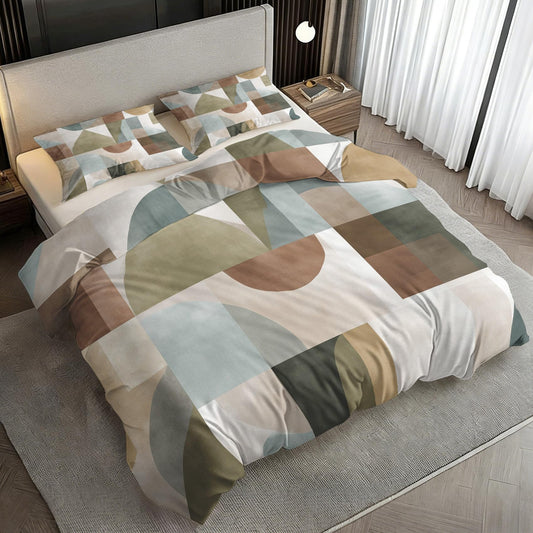 Abstract Geometric Duvet Cover Twin Size, Mid Century Modern Bedding Set 2 pcs with 1 Pillow Cover, Modern Geometry Bedroom Decor, Soft Microfiber Reversible, Zipper & Ties KJJT 108