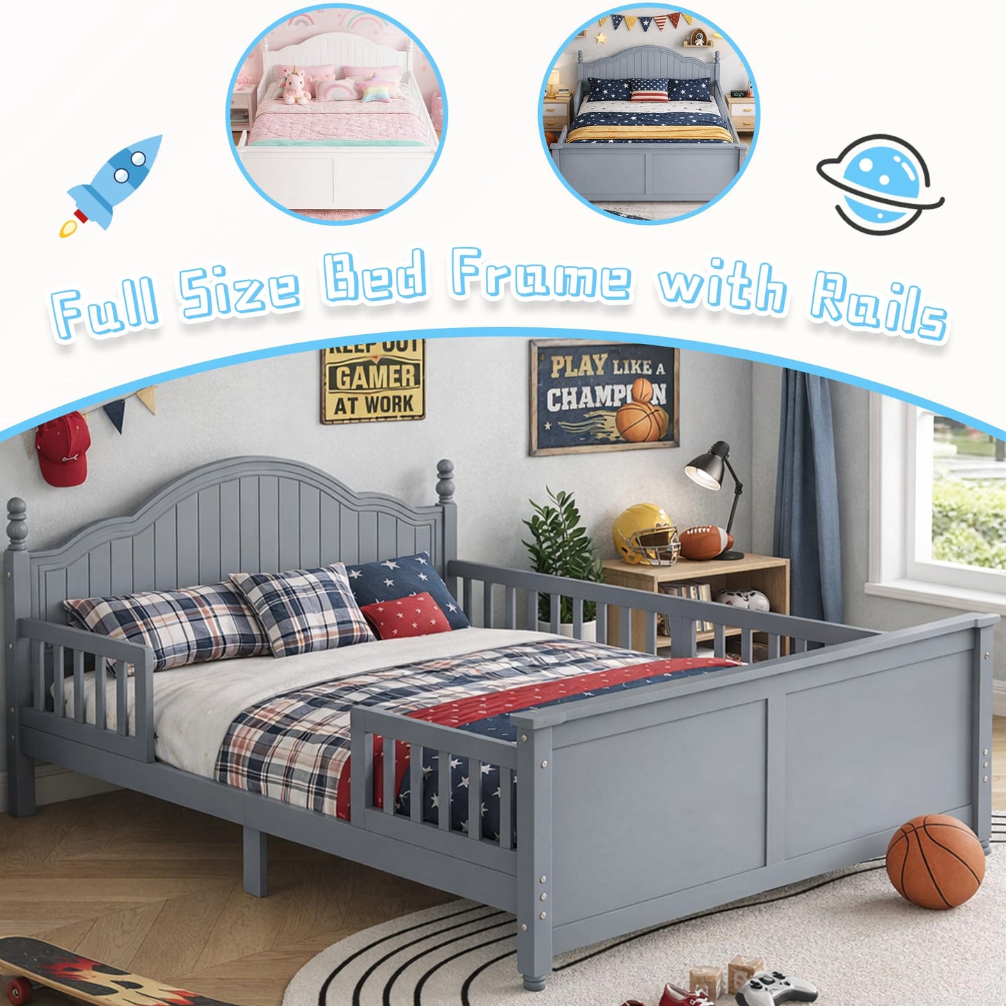 OYUMOENTS Full Size Bed Frame Kids, Low Profile Kids Full Size Bed Frame with Headboard and Footboard, Wood Platform Beds with Rails for Boys & Gilrs, No Spring Box Required, No Squeaks, Gray