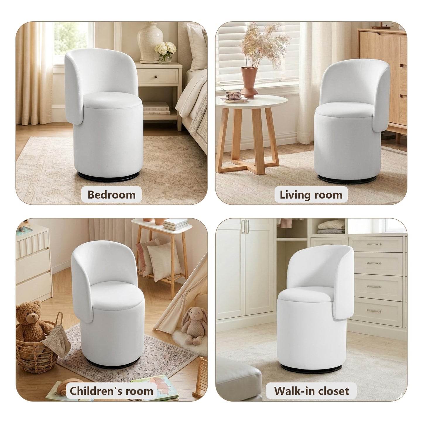 WOCFYK Makeup Vanity Chair with 360 Degree Swivel and Hidden Storage, Upholstered Barrel Accent Chair with Back, Matching Cat Bed Stool for Bedroom, Vanity Room, Living Room, White Velvet