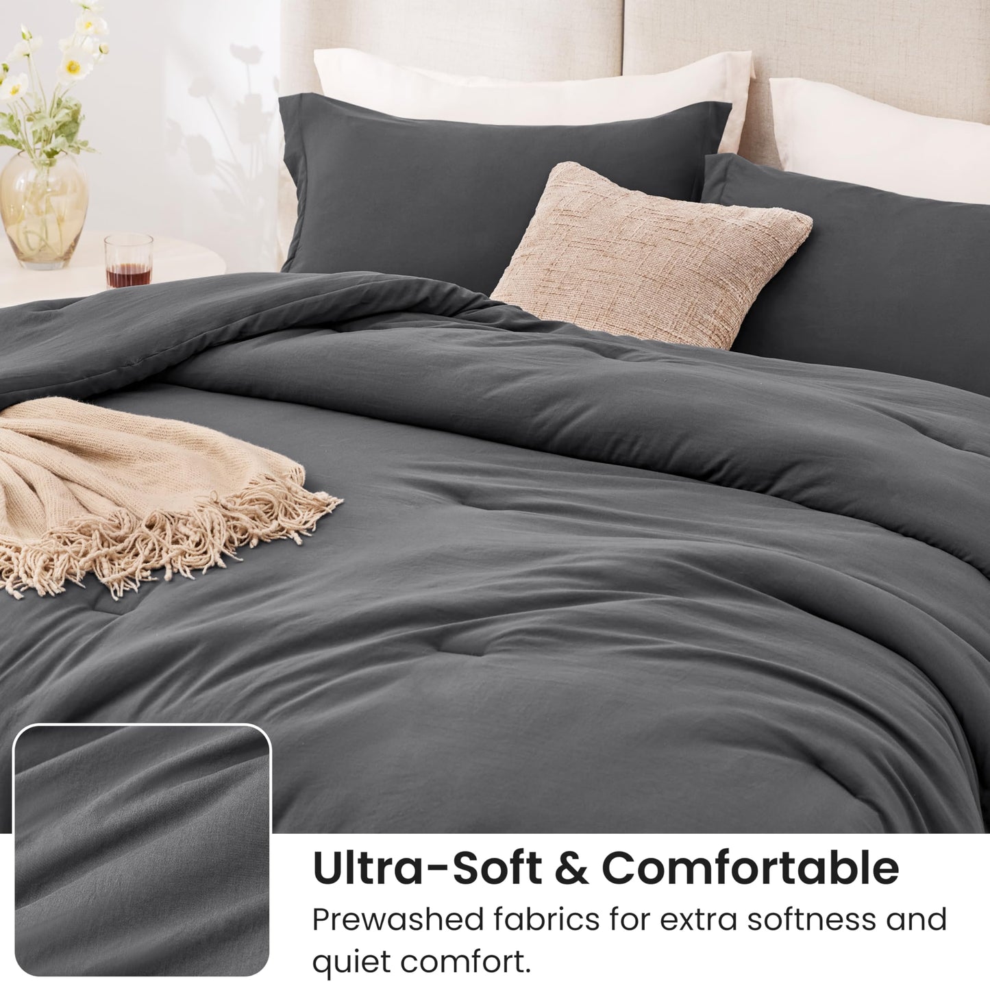 Love's cabin Dark Grey Twin/Twin XL Comforter Set, 2-Piece Prewashed Bed Set with 1 Comforter (66 x 90 in) & 1 Pillowcase, Lightweight & Breathable for All Seasons
