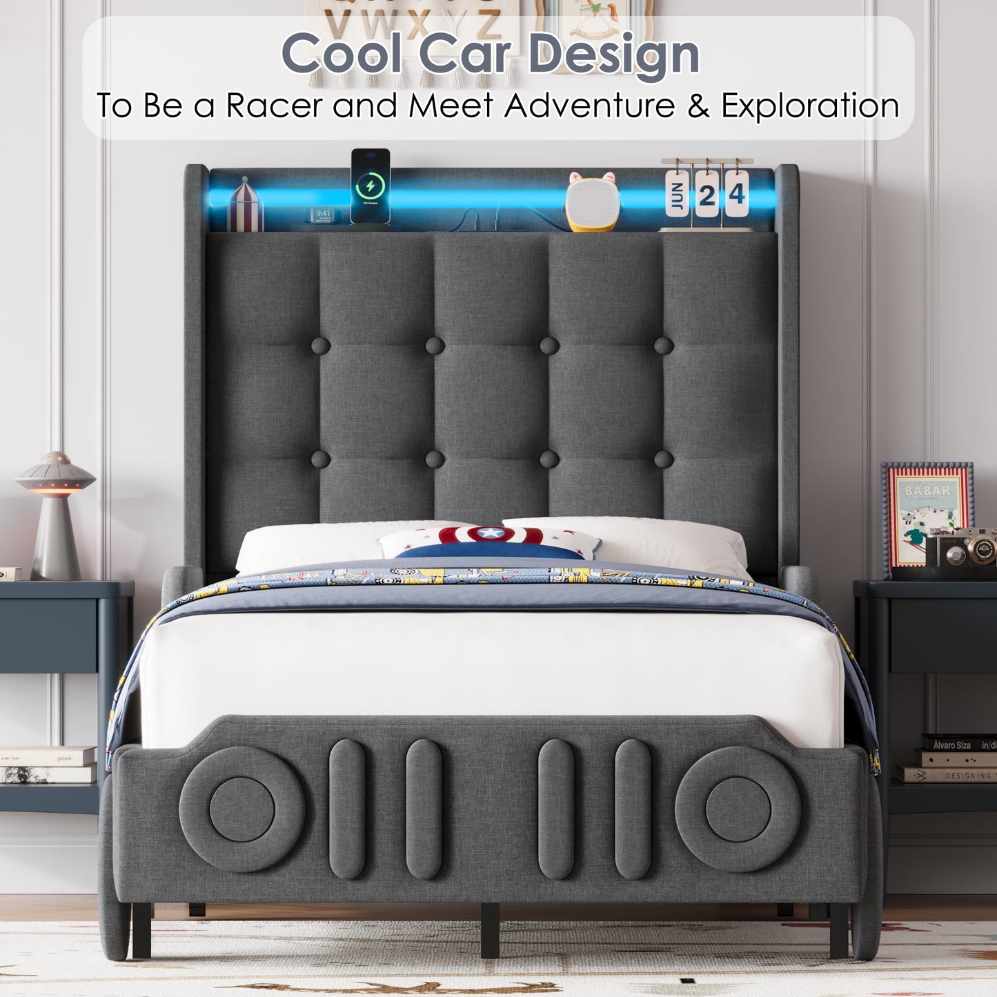 Keyluv Twin Car Bed Frame with LED Lights and Charging Station, Upholstered Platform Bed with Button Tufted Headboard and Wheels, No Box Spring Needed, Noise-Free, Easy Assembly, Fabric, Dark Grey