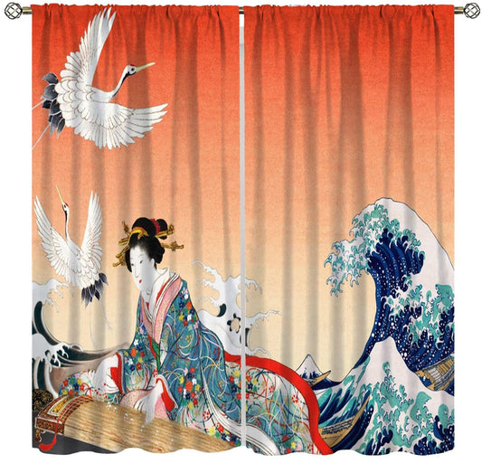 Vintage Japanese Wave Curtain, Traditional Classic Blue Ocean Wave Red Sun Geisha Crane Print Decor Rod Pocket Window Drapes, for Bedroom Living Room 42" W X 45" L