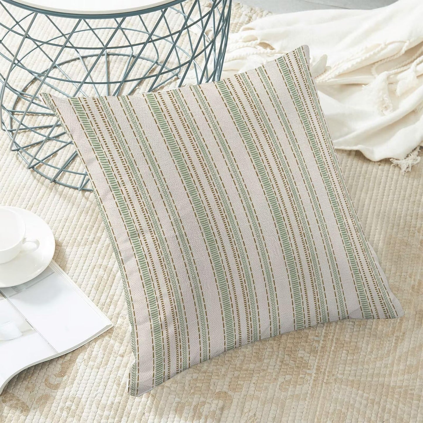 Boho Mid Century Stripe Pillow Covers 18x18 Inch Set of 2, Abstract Brown Green Stripe Decorative Throw Pillowcase Boho line Outdoor farmhouse Cushion Cover for Sofa Couch Bed Living Room Decor