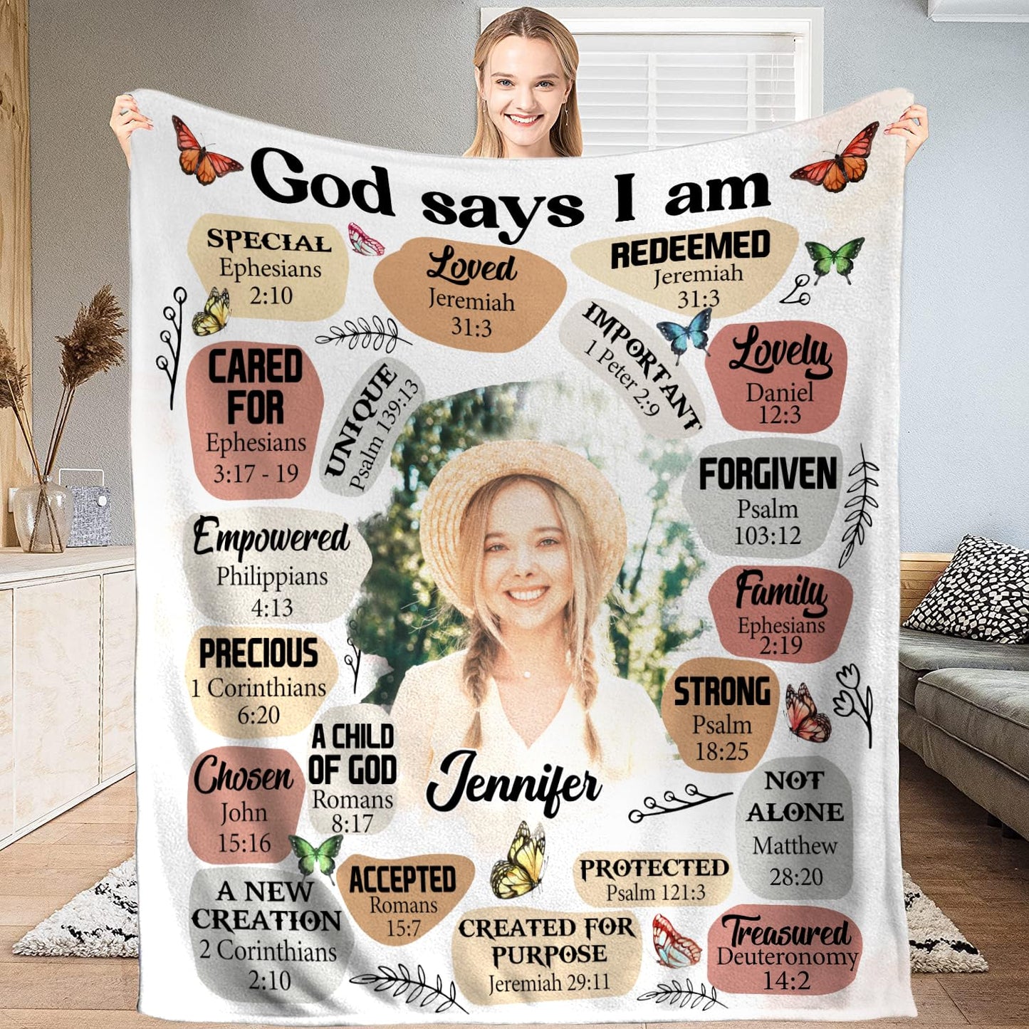 PREAUREUM God Says I Am Blanket, Personalized Christian Throw Blanket,Inspirational Jesus Throw Blankets,Confirmation Catholic Spiritual Blankets for Kids (Custom Photo God Says I Am - Bubble Style)