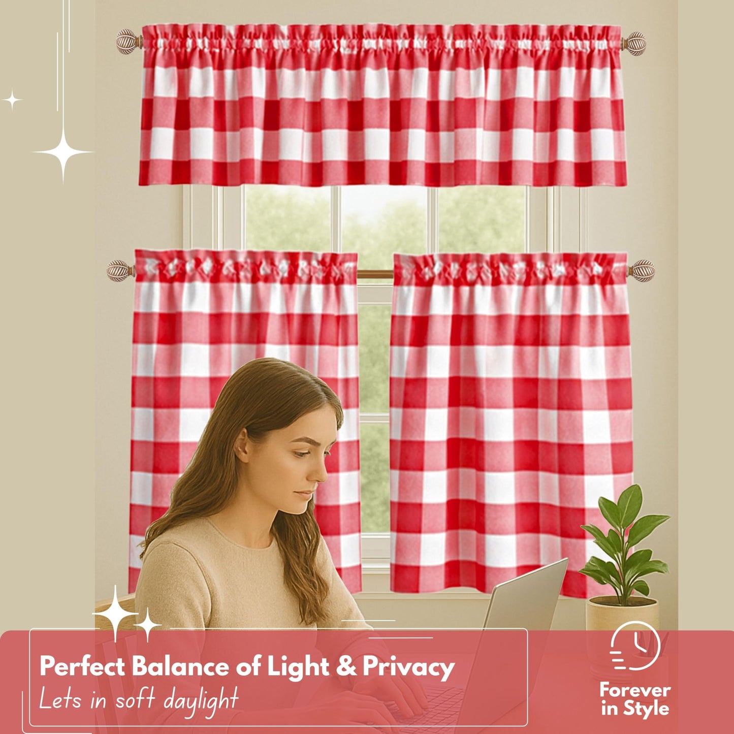 Native Fab Red Buffalo Plaid Window Curtain Set, 3 Piece Cotton Tier and Valance, 2 Tiers 26x36 Inch and Valance 54x18 Inch, Rod Pocket Curtains for Kitchen, Dining, Living Room, Red White