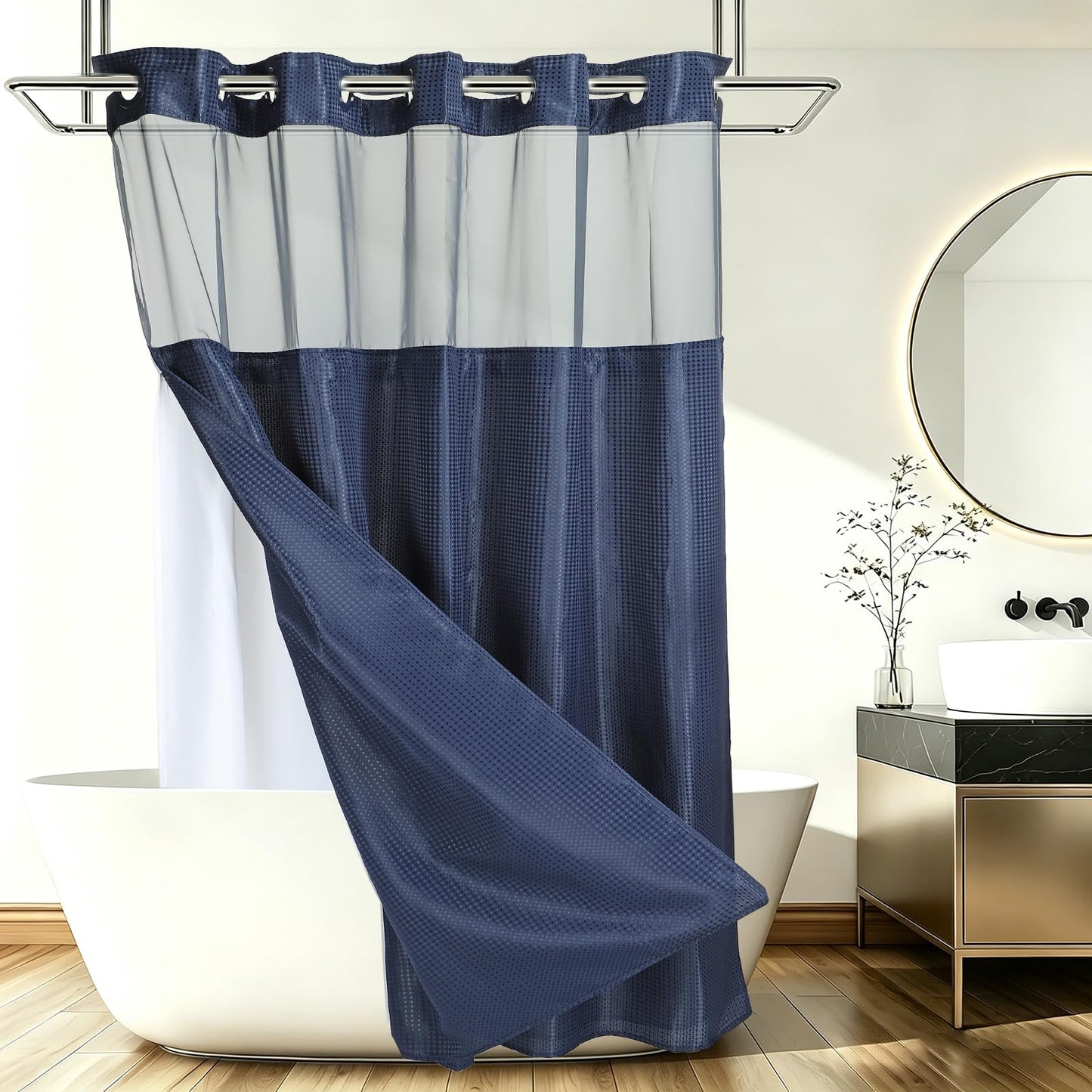 DTGN No Hook Shower Curtain, 71Wx72L Polyester Snap-in Removable Liner Set, Waterproof Washable Waffle Weave Textured Shower Curtains for Home Bathroom Hotel, Navy Blue