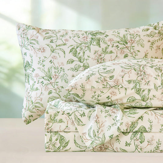 Zusbest Floral Sheets Queen Size 100% Cotton Satin Weave Sage Green Botanical Leaf Print Bed Sheet Set, Soft Cooling for Hot Sleepers, Shabby-Chic Aesthetic Vintage Bedding Deep Pocket 17.5‘’ 4Pc