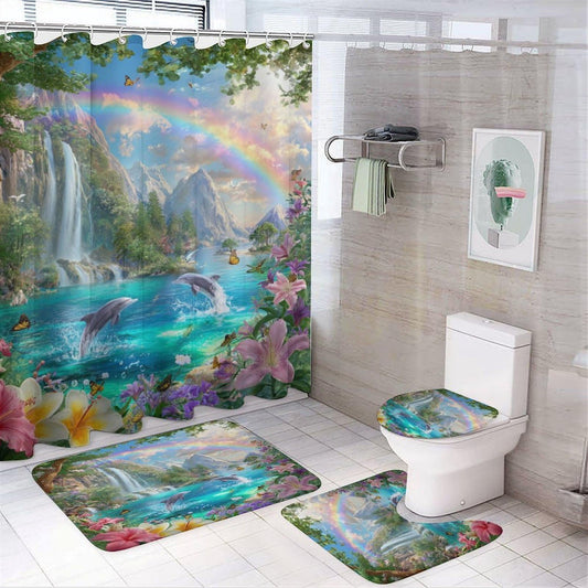 INSFBRB Cute Beautiful Dolphins Shower Curtain Set,Colorful Rustic Jungle Rainbow Waterfall Butterfly Floral Hibiscus 4 Pcs Bathroom Decor Accessories with 12 Hooks