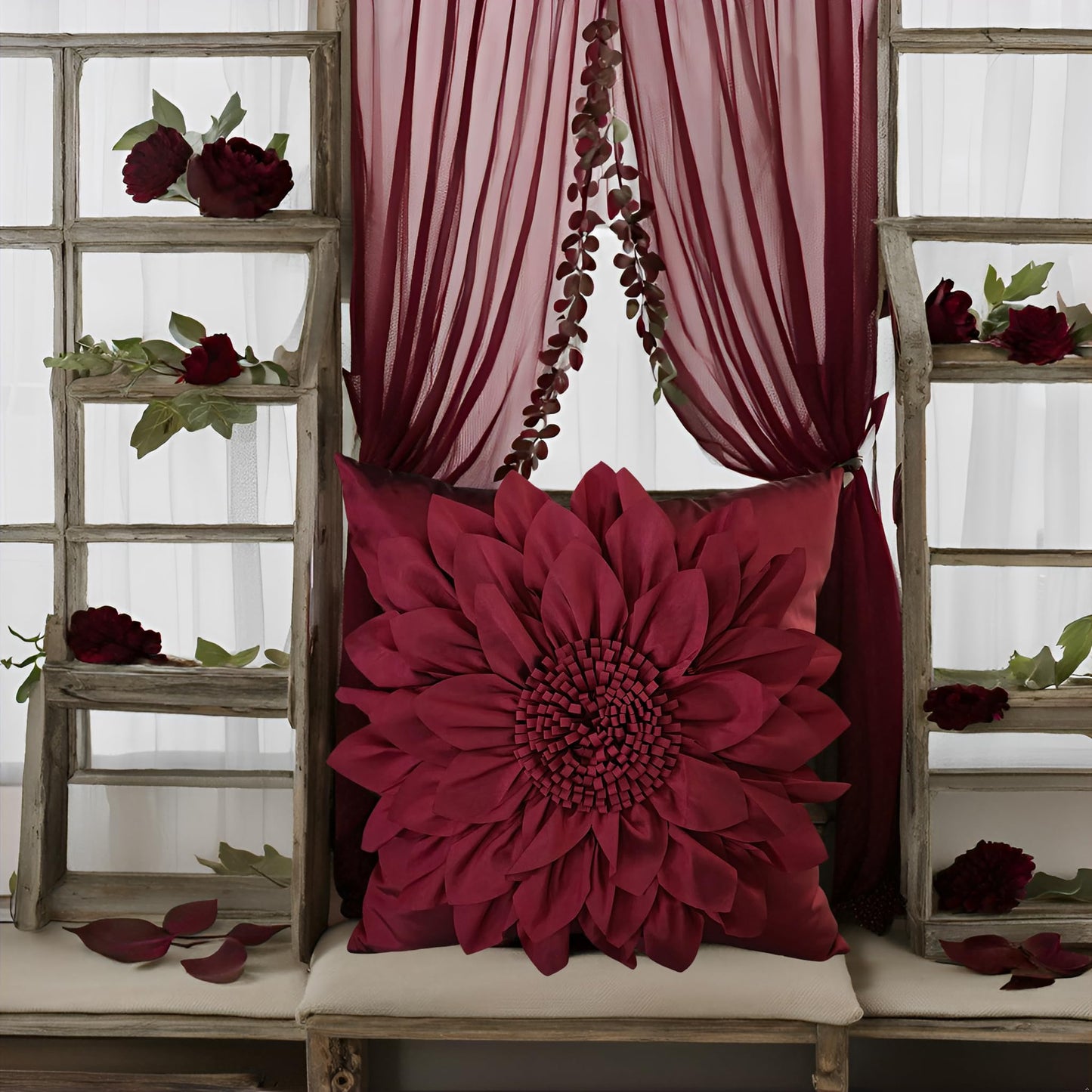 Bella's Giftshop 3D Sunflower Decorative Throw Pillow Covers for Bed Sofa Couch Car, Accent Floral Taffeta Cushion Cover, Handmade Pillow Cases Living Room Decor, 17x17 Inch-Burgundy