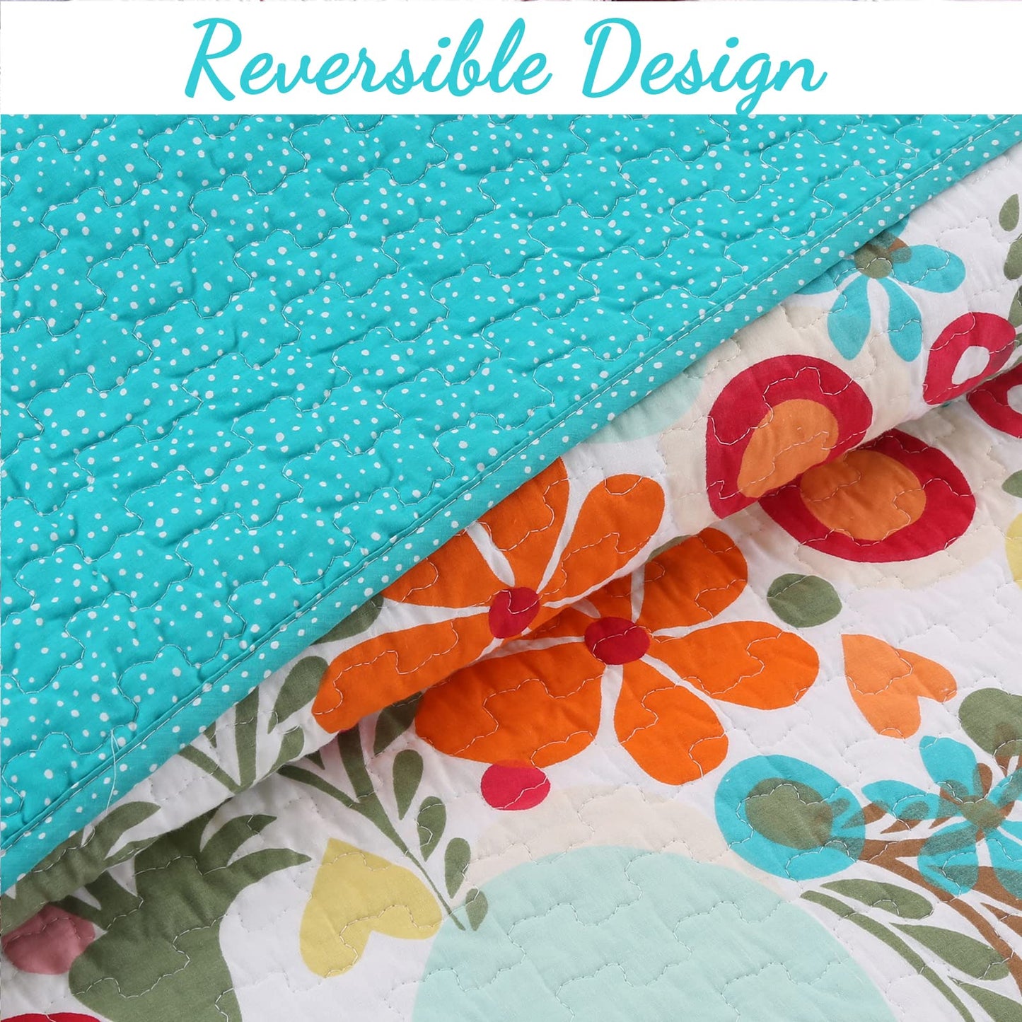 Cozy Line Home Fashions Pink Green Blue Orange Colorful Floral Whimsy Reversible Girl Quilt Bedding Set, Coverlet, Bedspread (Twin - 2 Piece: 1 Quilt + 1 Standard Sham)