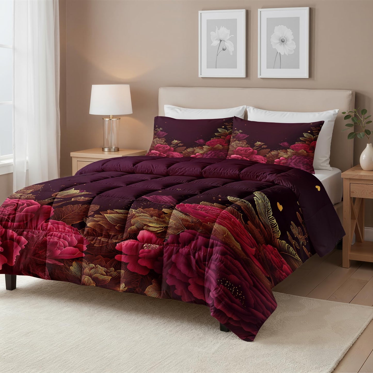 Valentines Day Comforter Set Twin Size 2 Pcs - All Season Duvet Insert & Pillowcase, Red and Gold Floral Bedding Set, Soft Lightweight Down Alternative Comforter, Girls Burgundy Bedroom Decor