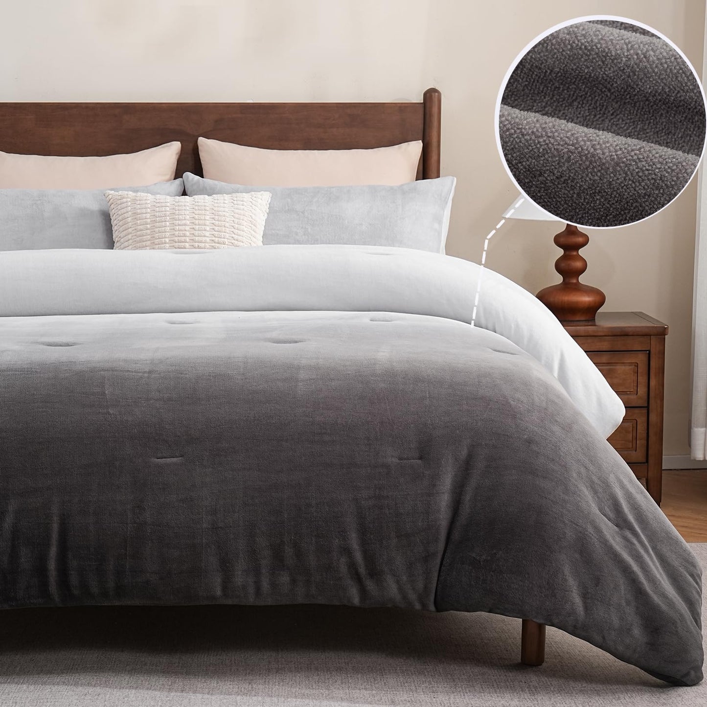 Bedbay Ombre Gray Velvety Fleece Comforter Set King Size Ultra Soft Plush Bedding Gradient Grey Thick Warm Cozy Winter Quilt Set with 2 Pillowcases Luxury Velvet Flannel Bedding Set 3 Pcs