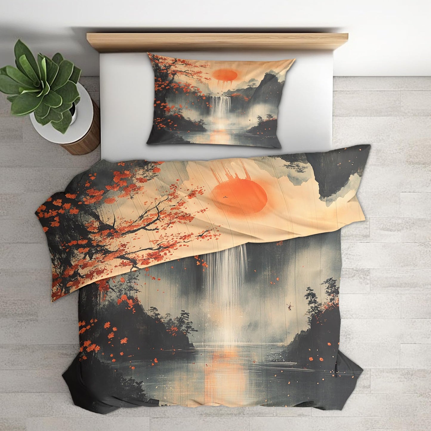 zcwl Waterfall Landscape Duvet Cover Oversized King Size | Mountain Bedding Set | 3 Piece | Soft Microfiber Patterned Comforter Cover with Zipper Ties & 2 Pillowcases | Oriental Asian Bedroom Decor