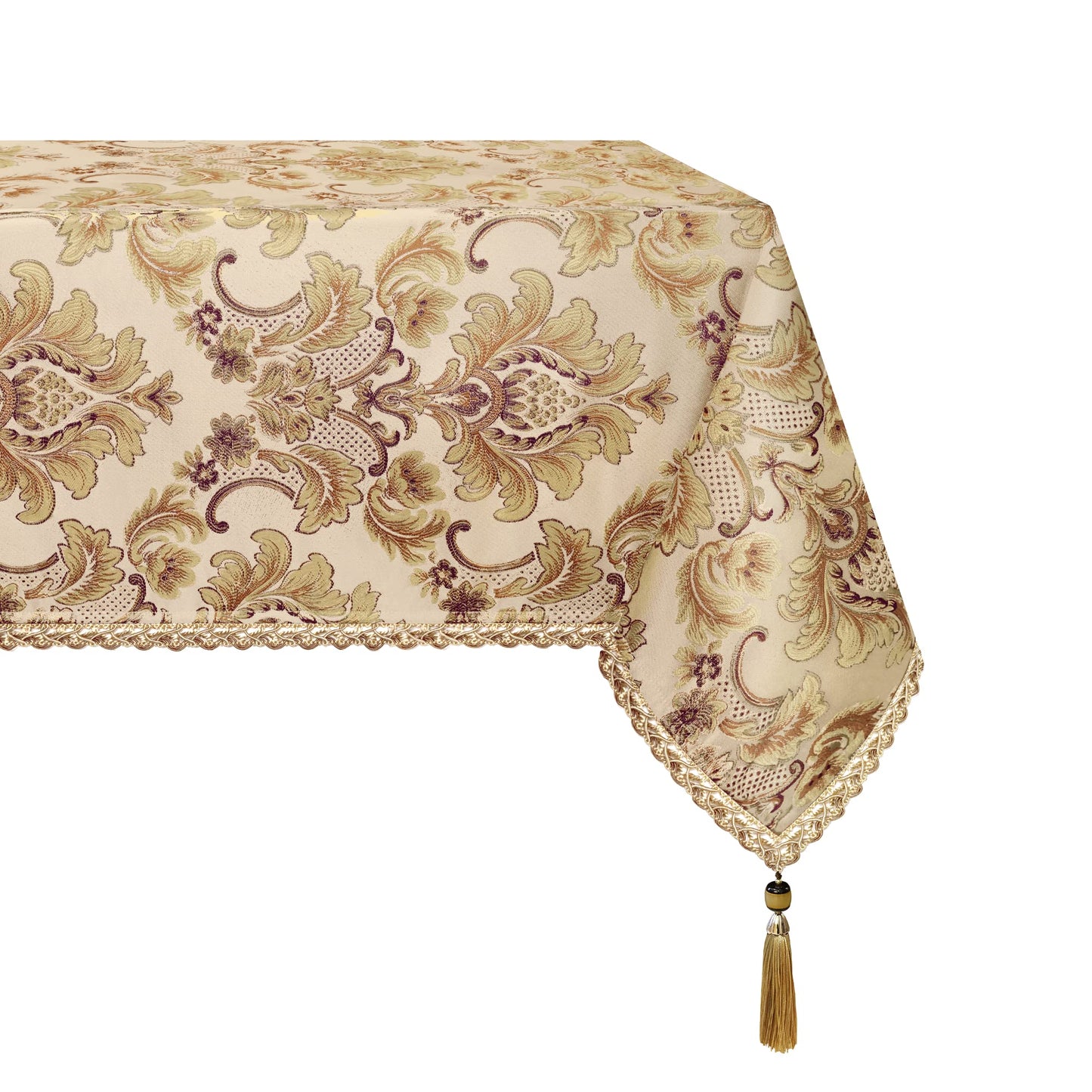 Loom and Mill Luxury Rectangle Tablecloth 60 x 84 Inches, Elegant Damask Golden Floral Table Cover with Handmade Tassels for Dining Table Banquets Decorations(Beige, 60"x84")