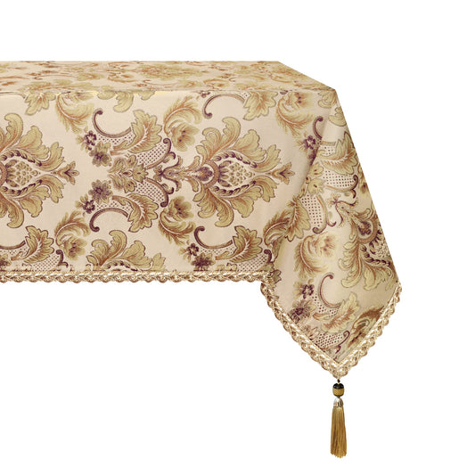 Loom and Mill Luxury Rectangle Tablecloth 60 x 120 Inches, Elegant Damask Golden Floral Table Cover with Handmade Tassels for Dining Table Banquets Decorations(Beige, 60"x120")