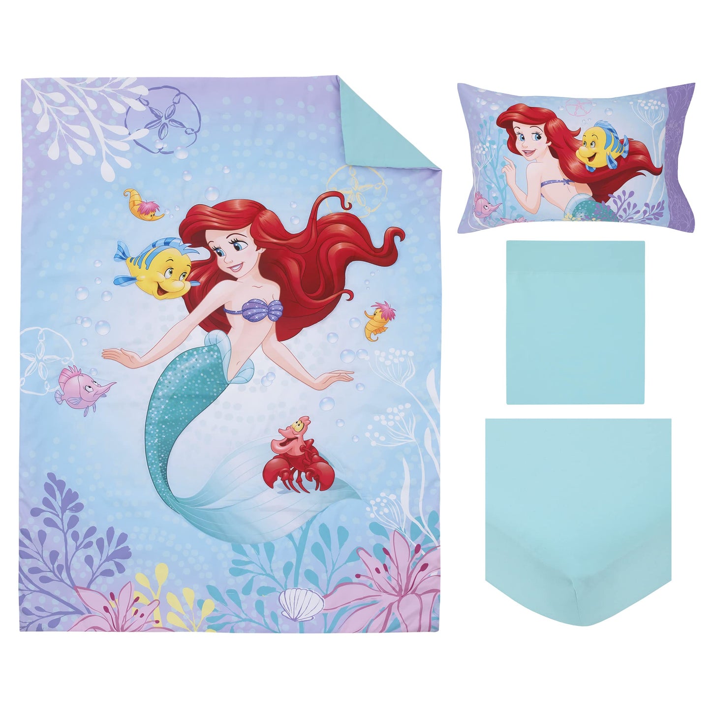 Disney The Little Mermaid Be Fearless Aqua, Lavender, and Orange Ariel 4 Piece Toddler Bed Set - Comforter, Fitted Bottom Sheet, Flat Top Sheet, and Reversible Pillowcase
