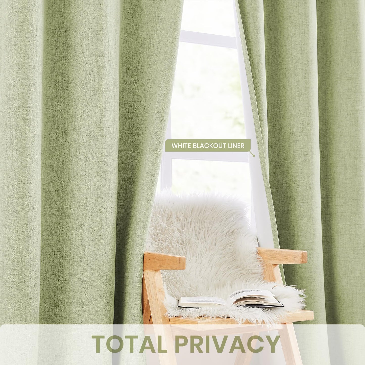 Melodieux Sage Green 100% Blackout Linen Curtains 84 Inch Length 2 Panels Set, Living Room Darkening Thermal Insulated Grommet Curtains, Bedroom Natural Farmhouse Burlap Textured Drapes, 42x84 inch