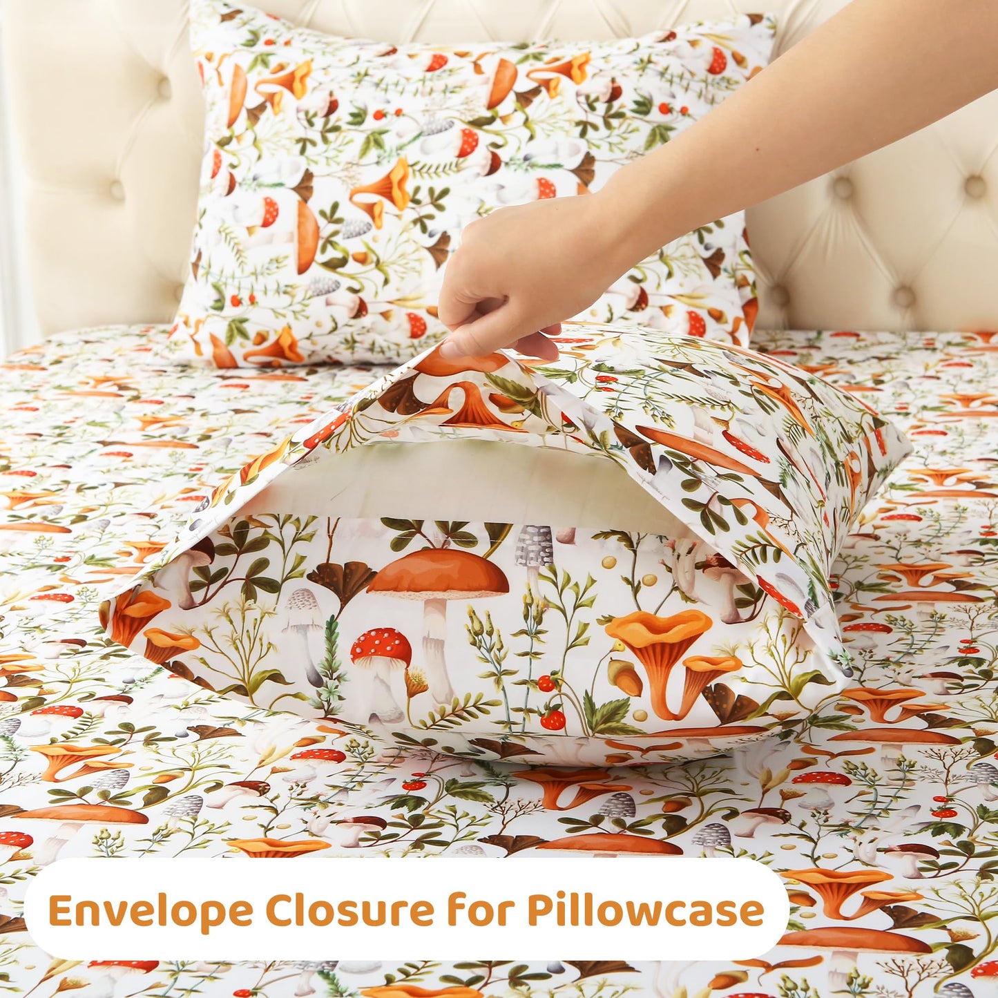 Mooreeke Cozy Vintage Microfiber Printed King Sheet Set - Soft & Breathable Percale Mushroom Forest Bed Sheets with Extra Deep Pocket - Non-Slip Fitted Design - Jungle Mushroom Leaves Pattern - King