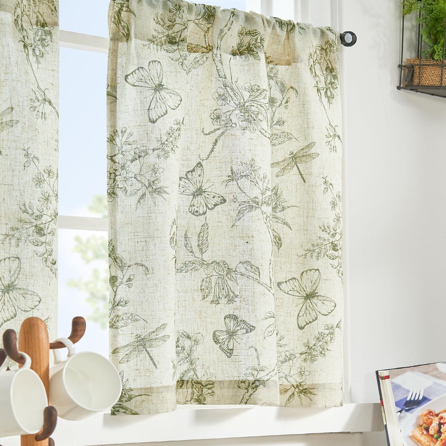 Lazzzy Linen Floral Kitchen Curtains 36 Inch Long, Green Farmhouse Kitchen Window Rustic Country Small Curtains Rod Pocket Tiers, Set of 2, Green on Beige