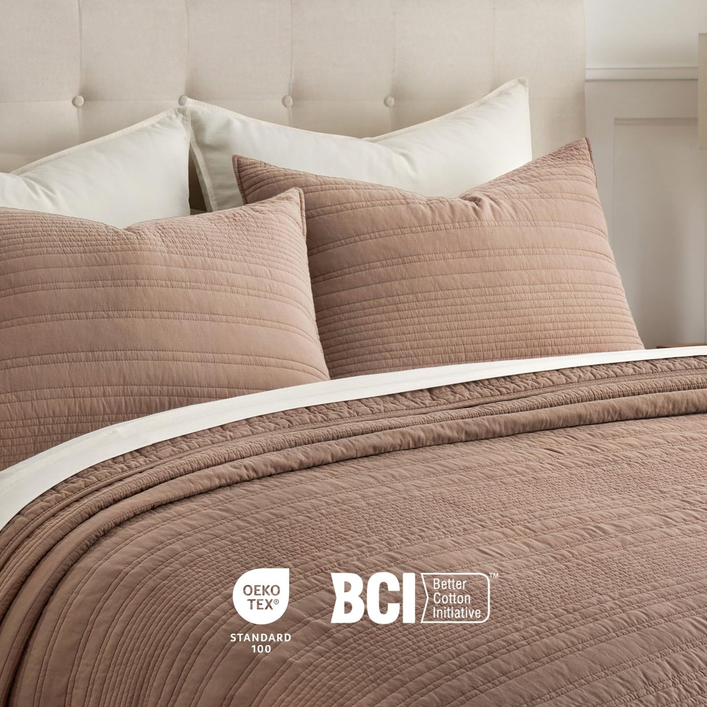 EVERGRACEHOME 100% Cotton Modern Lines Quilt Set King Size, Pre-Washed Soft Striped Coverlet Bedspread, 3 Piece Lightweight Bedding Set for All Season, with 2 Pillow Shams, Rose Dust