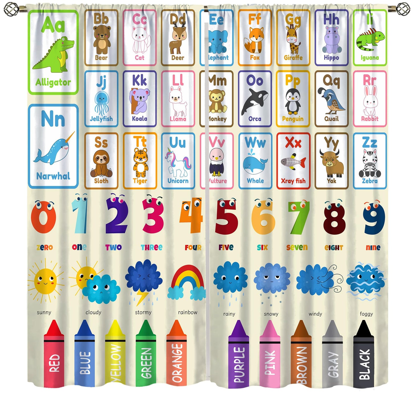 AAVEUP Alphabet Education Curtains, Cartoon Animal Alphanumeric ABC Color Learning Pencils Windows Treatments Drapes for Kids Baby Nursery Children Toddler Bedroom 42x45in（No Blackout）