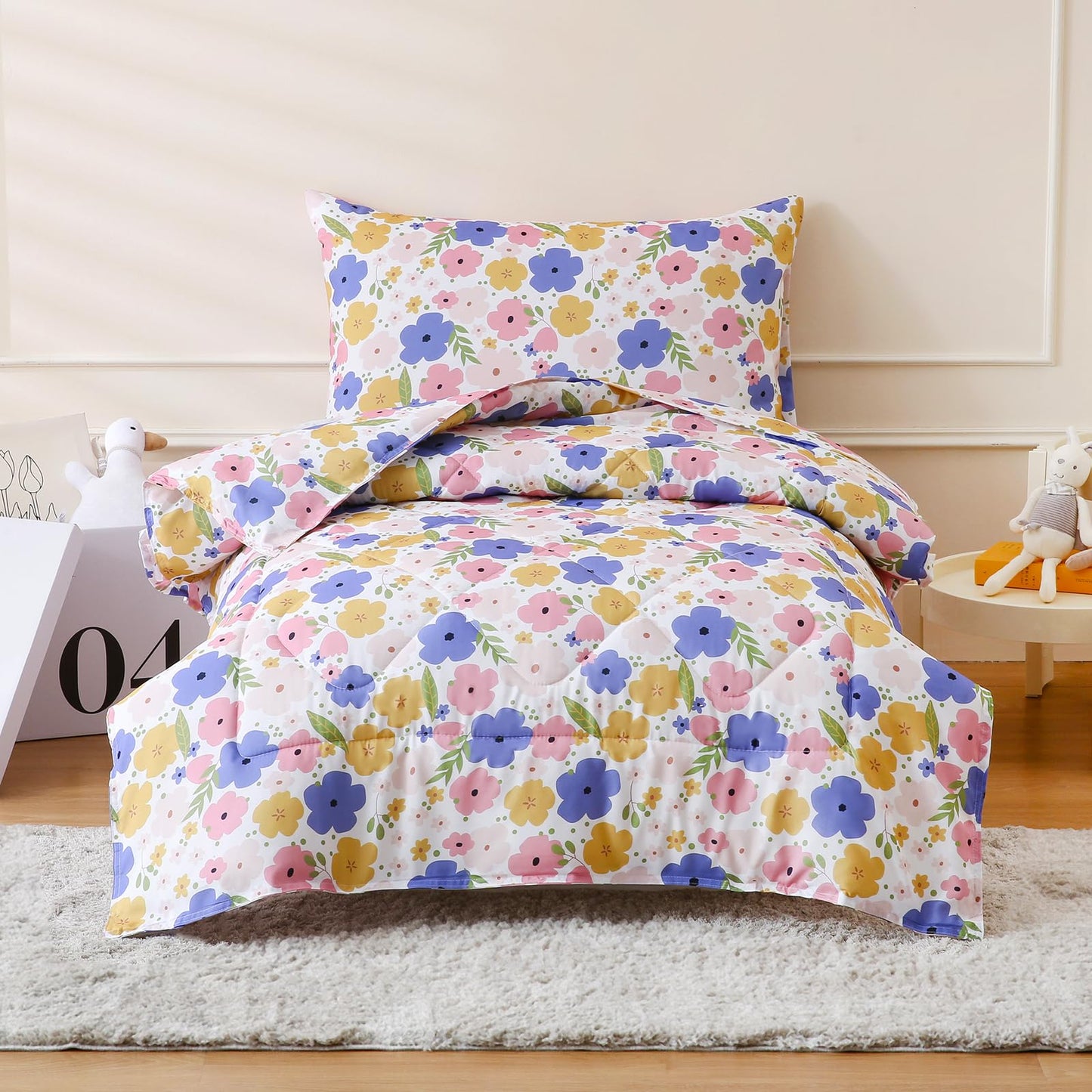 LONAVA Toddler Kids Comforter Set - 4 Pieces Toddler Bedding Sets for Boys Girls Children, Ultra Soft Microfiber Bed in A Bag with Flat Fitted Sheets, Flower