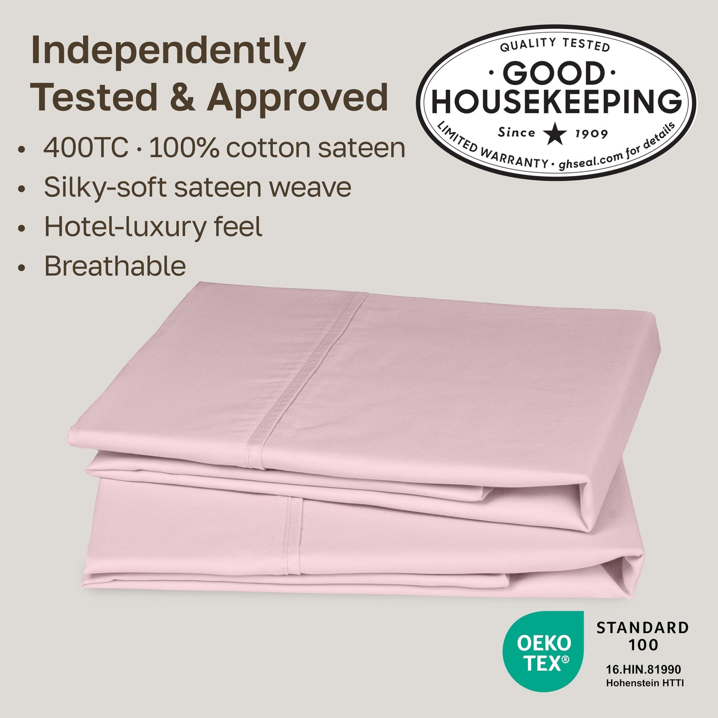 California Design Den Standard Queen Size Pillowcase Set - 400 Thread Count, 100% Cotton Sateen, Set of 2 Pillow Covers, Soft and Breathable - Pink