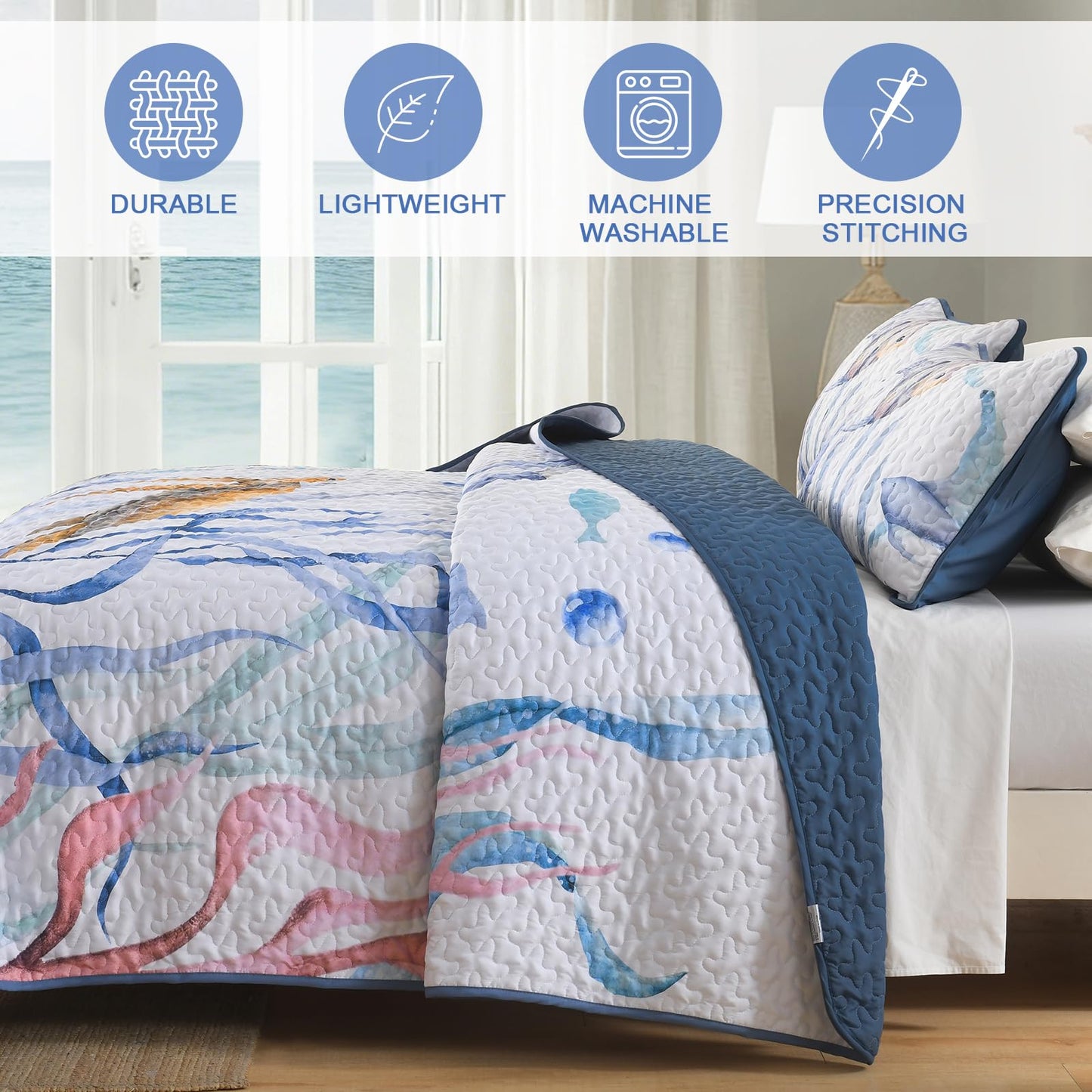 DJY King Quilt Bedding Set Size - 3 Pcs All Season Coastal Beach Ocean Lightweight Reversible Microfiber Coverlet Quilt Bedspread Queen Size Bedding with 1 Quilt, 2 Pillow Shams