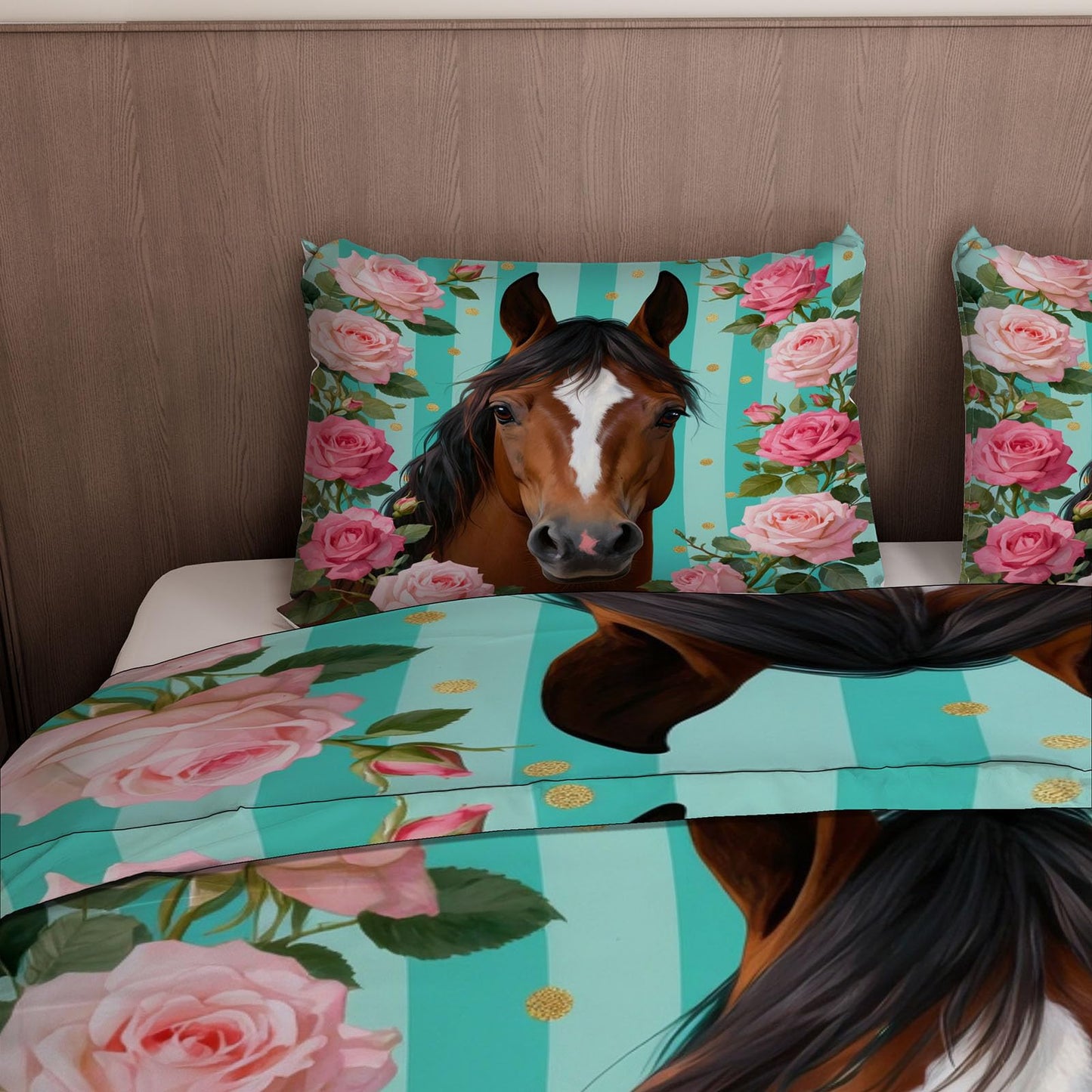 3D Horse Duvet Cover King Size 104x90in Soft Breathable Microfiber Flower Bedding Set Zipper Closure Reversible Comforter Cover 3 Pieces with 2 Pillow Shams (WJT 23-8)