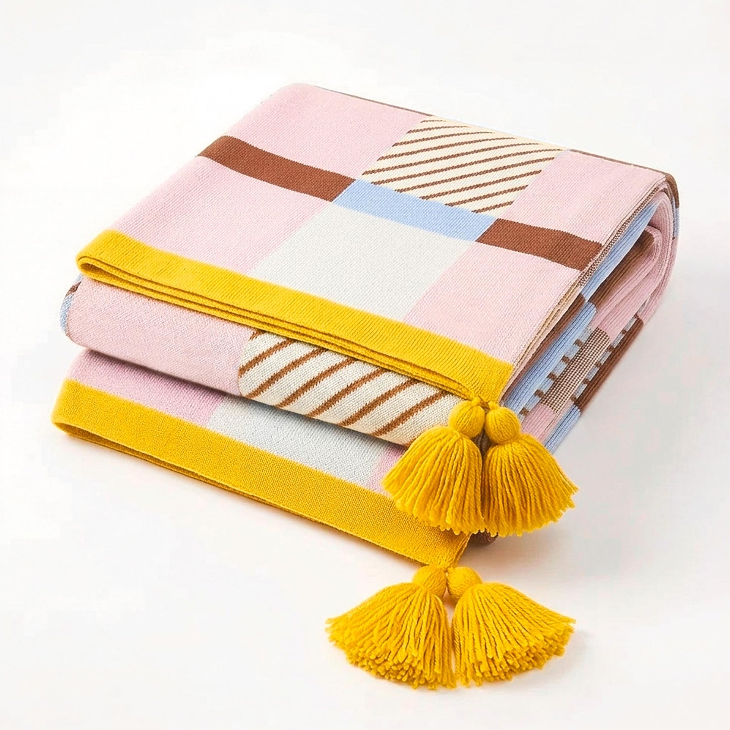 notcoy Knit Throw Blanket with Corner Tassels, Super-Soft Lightweight Acrylic Blanket for Couch Sofa and Bed, Decorative All Seasons Throw, 51x67 Inch - Pink & Brown Checkered