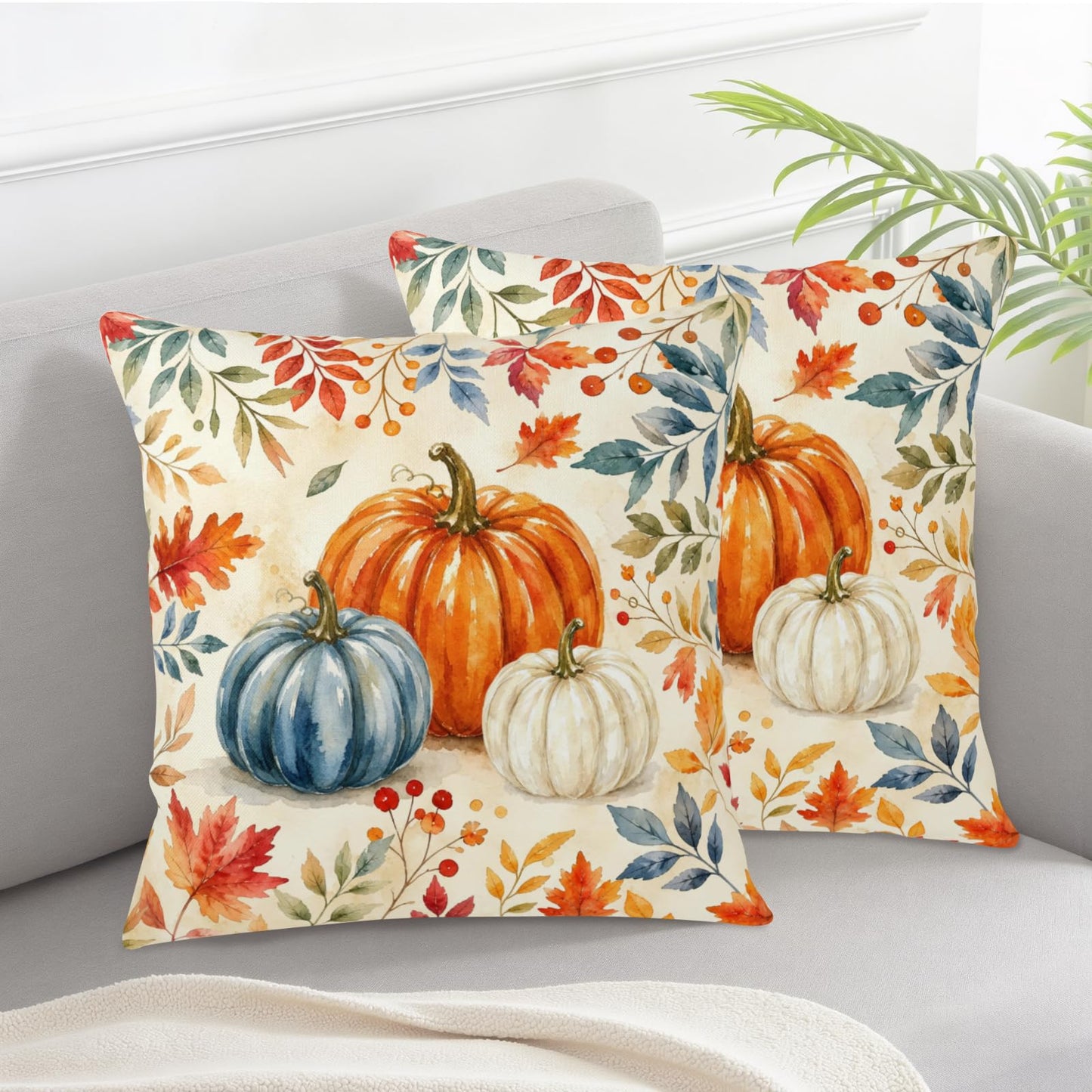 ABSOP Fall Pillow Covers 18x18 Inch Orange Blue Pumpkin Pattern Decorative Throw Pillow Covers Set of 2 Autumn Thanksgiving Harvest Pillowcases for Soft Couch Holiday Party Decor