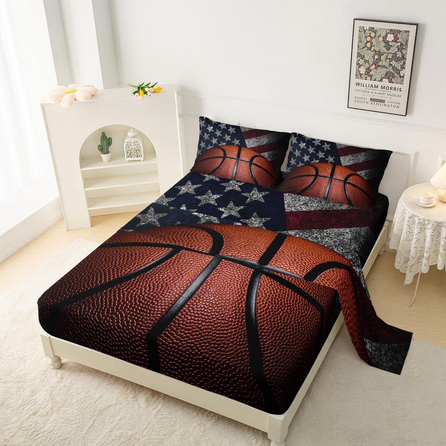 QOOMO Basketball Sheet Set,American Flag Kids Bed Sheets,Sports 16" Deep Pocket Bed Sheet Set for Boys/Girls/Kids/Teens，4 Piece Sheet Set, 1 Fitted Sheet,1 Flat Sheet and 2 Pillowcases，Twin Size