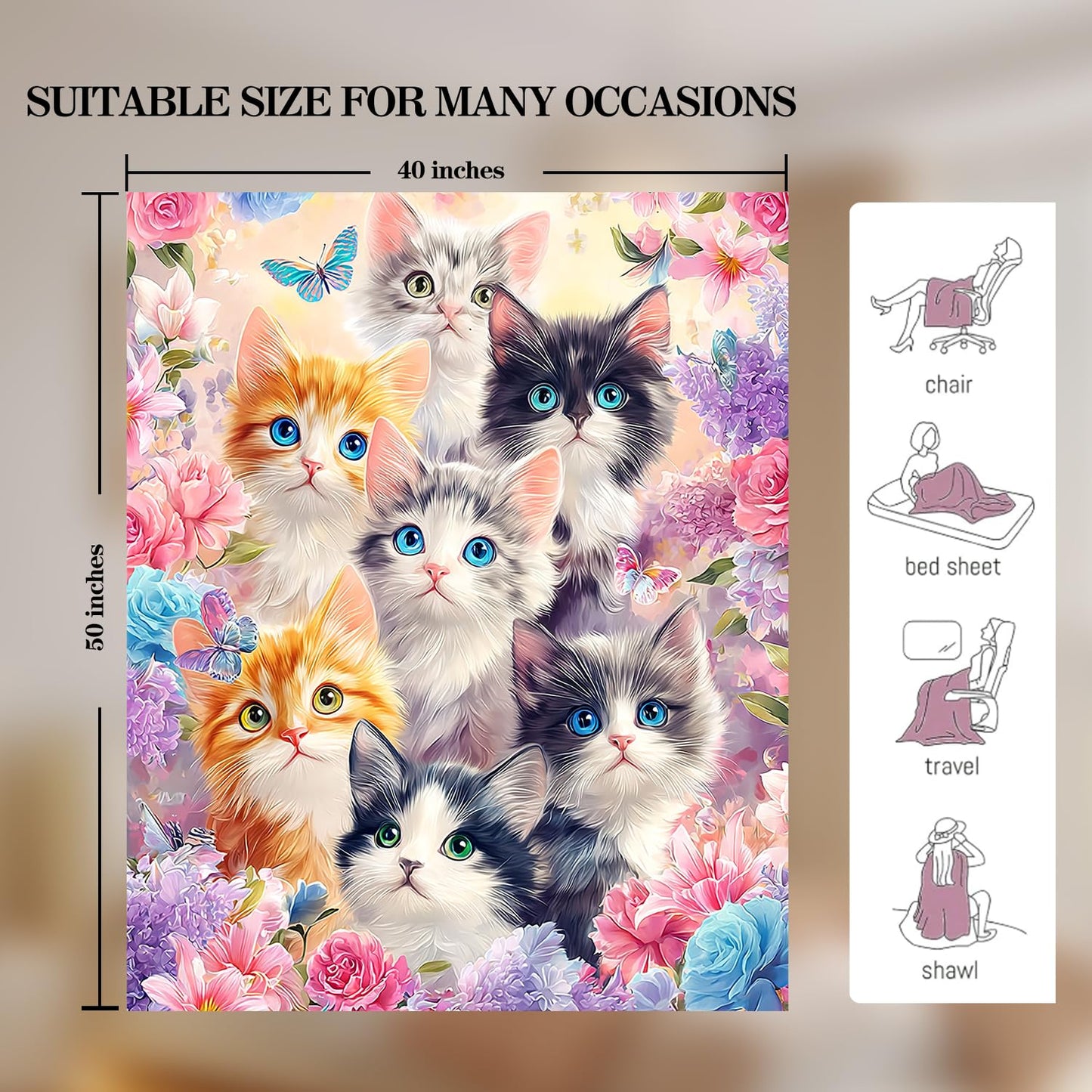Cute Cat Blanket Cat Fleece Throw Blanket Super Soft Fuzzy Plush Cozy Warm Cats Decor Stuffed Bedding Blankets Gift for Boys Girls Men Women Kids & Adult 50"x40"