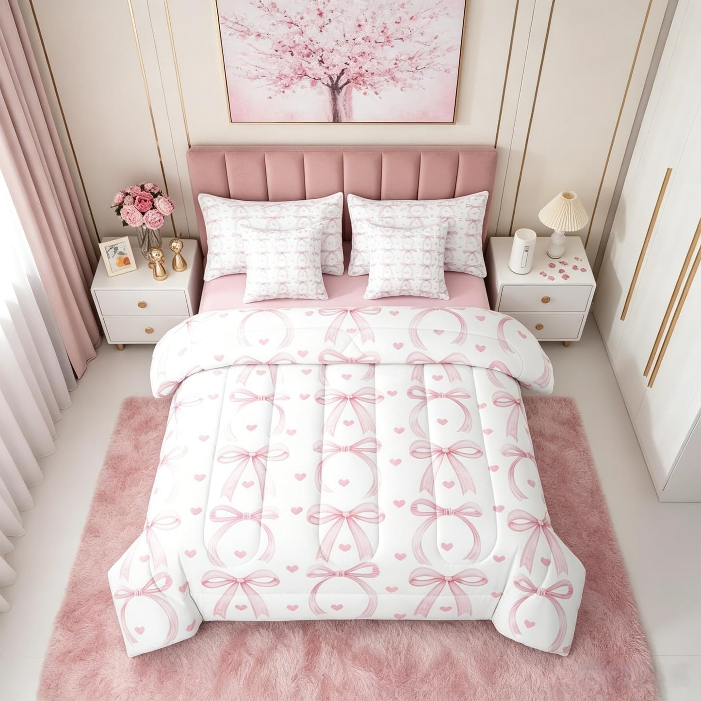 Erosebridal Ribbon Bowknot 7 Piece Comforter Set King Bed in A Bag Girls Love Heart Pink Bows Bedding Set for Women Room Decor Coquette Bow Sheets Valentine Stripe Pink Bows Bowtie Bed Comforter Sets