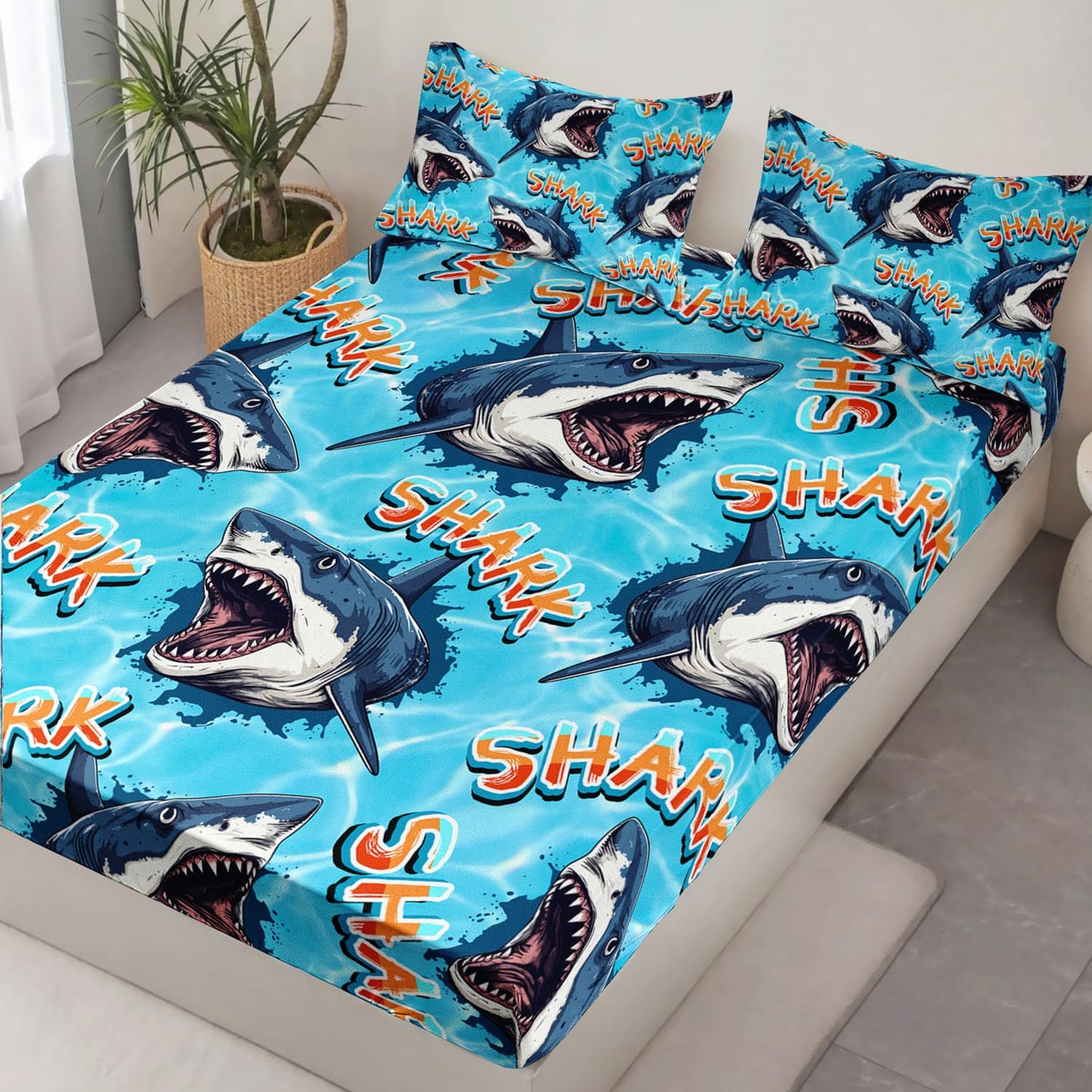 HOSIMA Shark Fitted Sheet Set Twin Size,3D Shark Pattern Ocean Theme Twin Bedding Set for Kids Boys,Sea Animal Collection Deep Pocket for Ocean Bedroom Decor,1 Fitted Sheet+2 Pillowcases.